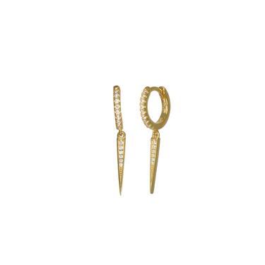 A pair of gold huggie hoop earrings with dangling pointed spikes, both adorned with small clear pcubic zirconias.