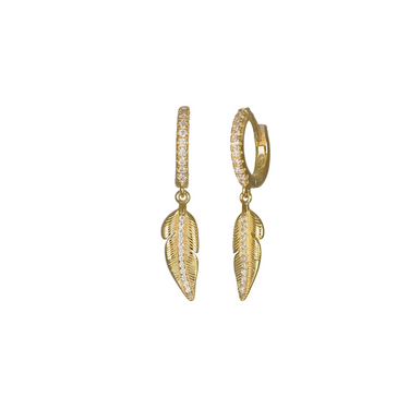 Gold leaf drop huggie earrings with cubic zirconias