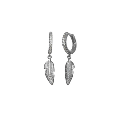 Silver leaf hoop earrings studded with cubic zirconias