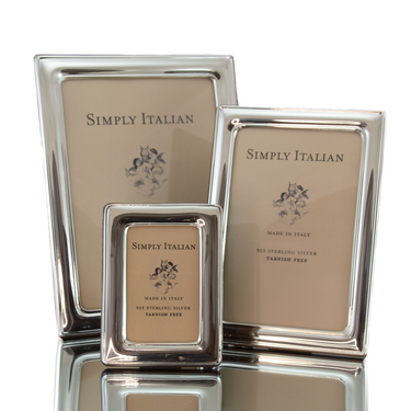 Simply Italian narrow edged, sterling silver frame. Tarnish free. Made in Italy