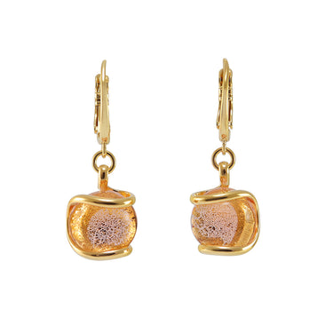 A pair of rose pink Murano glass earrings with gold detailing, featuring a bubble design andlever back hooks, on a 22 carat gold and sterling silver base.