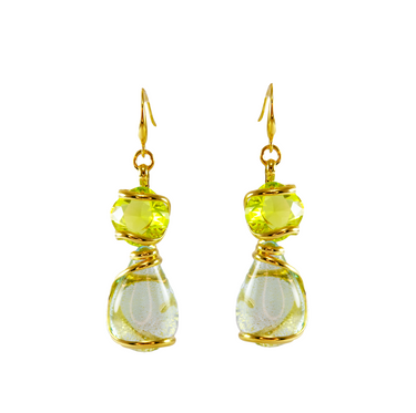 Green crystal and blue and gold Murano glass teardrop earrings on 22 carat gold hooks