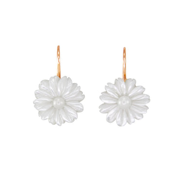 Small White Mother-of-Pearl Flower Lever Back Earrings