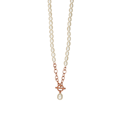 Pearl necklace with a rose gold clasp on a white background
