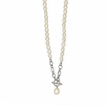 Pearl necklace with a silver clasp on a white background