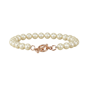 Pearl bracelet with a rose gold clasp on a white background