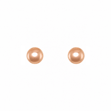 A pair of round rose gold stud earrings on a plain white background.