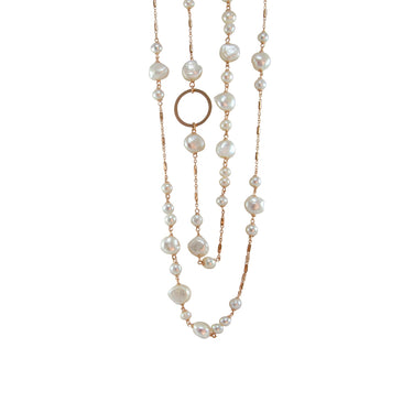 A white baroque pearl and circle link 18ct rose gold double necklace.