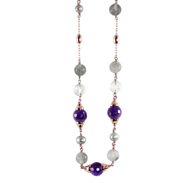 Silver Pearl, Amethyst, Cloudy Quartz, Crystal & Rose Gold Necklace - 58cm