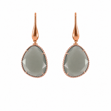A pair of rose gold drop earrings with teardrop-shaped faceted gray-green agate in a twisted bezel setting.