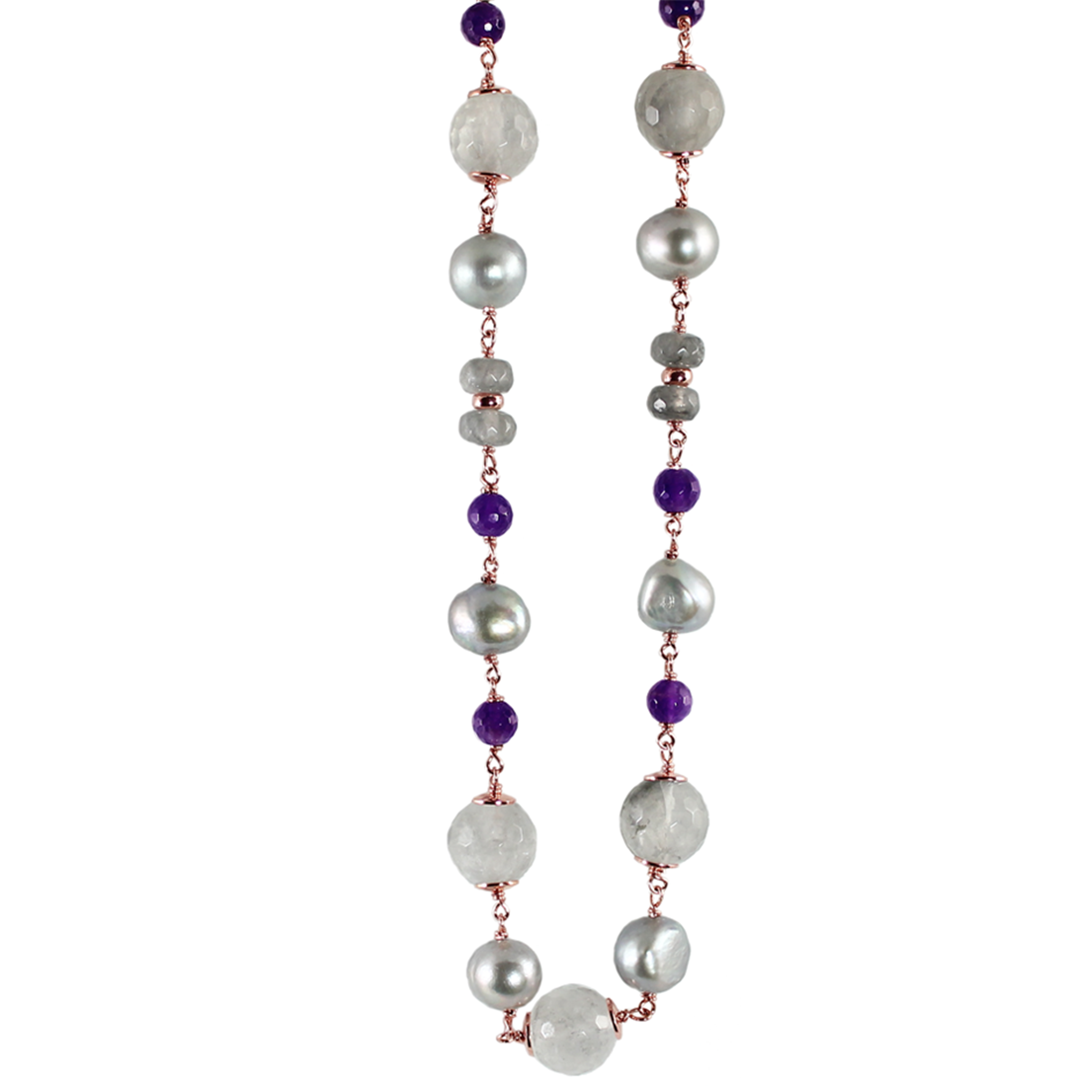 Amethyst, Cloudy Quartz, Labradorite & Silver Pearl Necklace