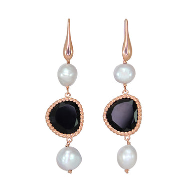 A pair of black agate and silver pearl earrings with rose gold accents on a white background.