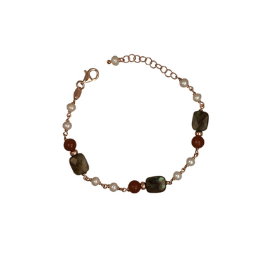 A beaded bracelet with rose gold-toned metal links and clasp, featuring alternating white pearl-like beads, dark reddish-brown beads, and dark olive-green rectangular beads.