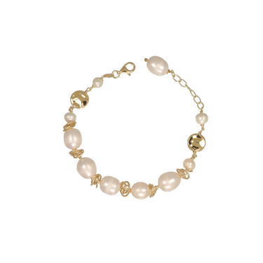 A gold-plated beaded bracelet featuring irregular white freshwater pearls and decorative gold-toned spiral accents.