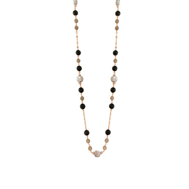A grey pearl and black Uruguay agate necklace with 18ct rose gold and sterling silver, 96cm chain.