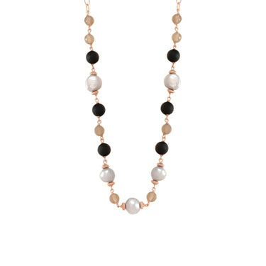 A necklace with a combination of grey pearl and matte black agate and Uraguay agate beads, with rose gold and sterling silver accents on a 44cm chain.