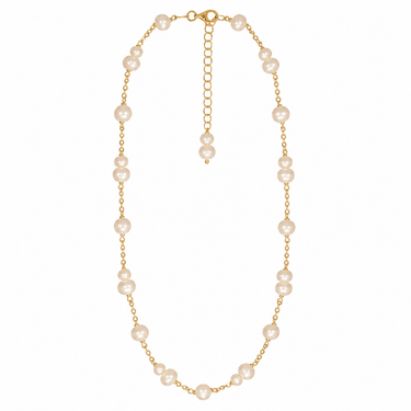 A delicate gold chain necklace featuring irregular, cream-colored freshwater pearls spaced along the chain.