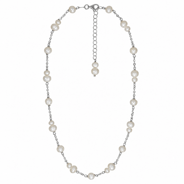 A delicate silver chain necklace featuring irregular, cream-colored freshwater pearls spaced along the chain.