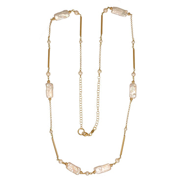 Coin Pearl Necklace with Gold Pipe Links