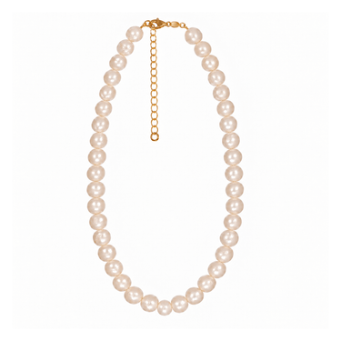 A baroque pearl necklace with a gold lobster clasp and extension chain, displayed on a clean white background.