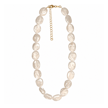 A baroque pearl necklace with irregular, organic-shaped off-white beads and a gold-tone clasp with an extender chain, shown on a plain white background.