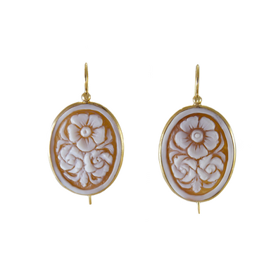 Oval Cameo Flower Earrings - Yellow Gold