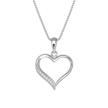 A sterling silver open heart pendant with a small row of clear stones along one side.