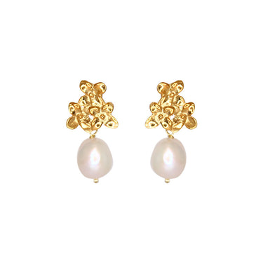 Flower & Pearl Drop Earrings - Yellow Gold