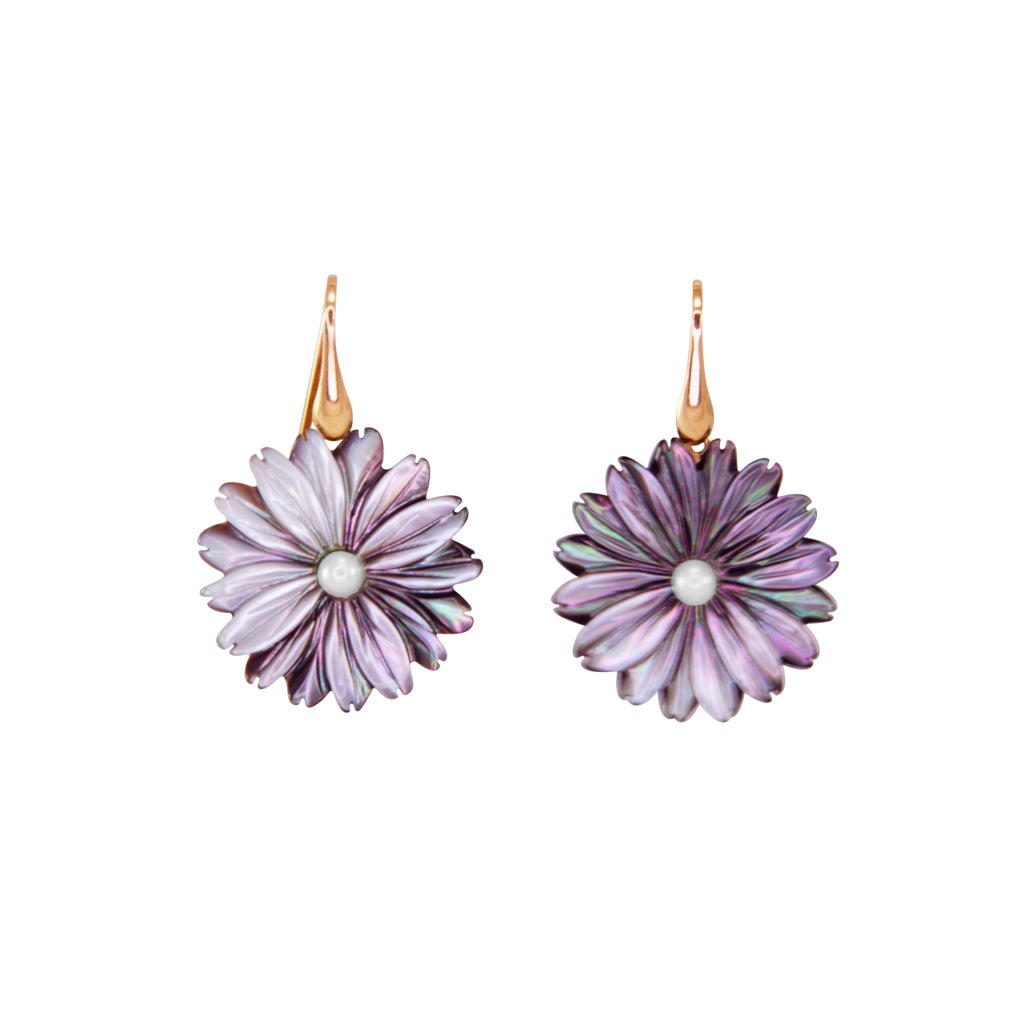 Grey Mother-of-Pearl Flower Hook Earrings