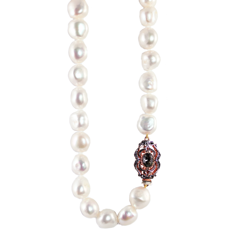 White Baroque Pearl Necklace with Fume Crystal Clasp - 61cm