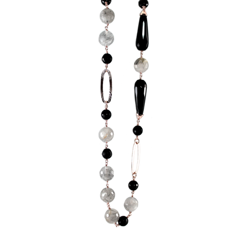 Black & Cloudy Quartz Necklace - 110cm