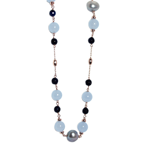 Blue Jade, Dark Blue Agate and Silver Pearl Necklace - 70cm