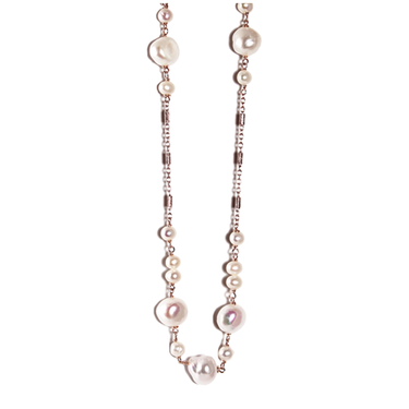 7-10mm cultured freshwater pearls with a refined gold nugget 18ct rose gold chain