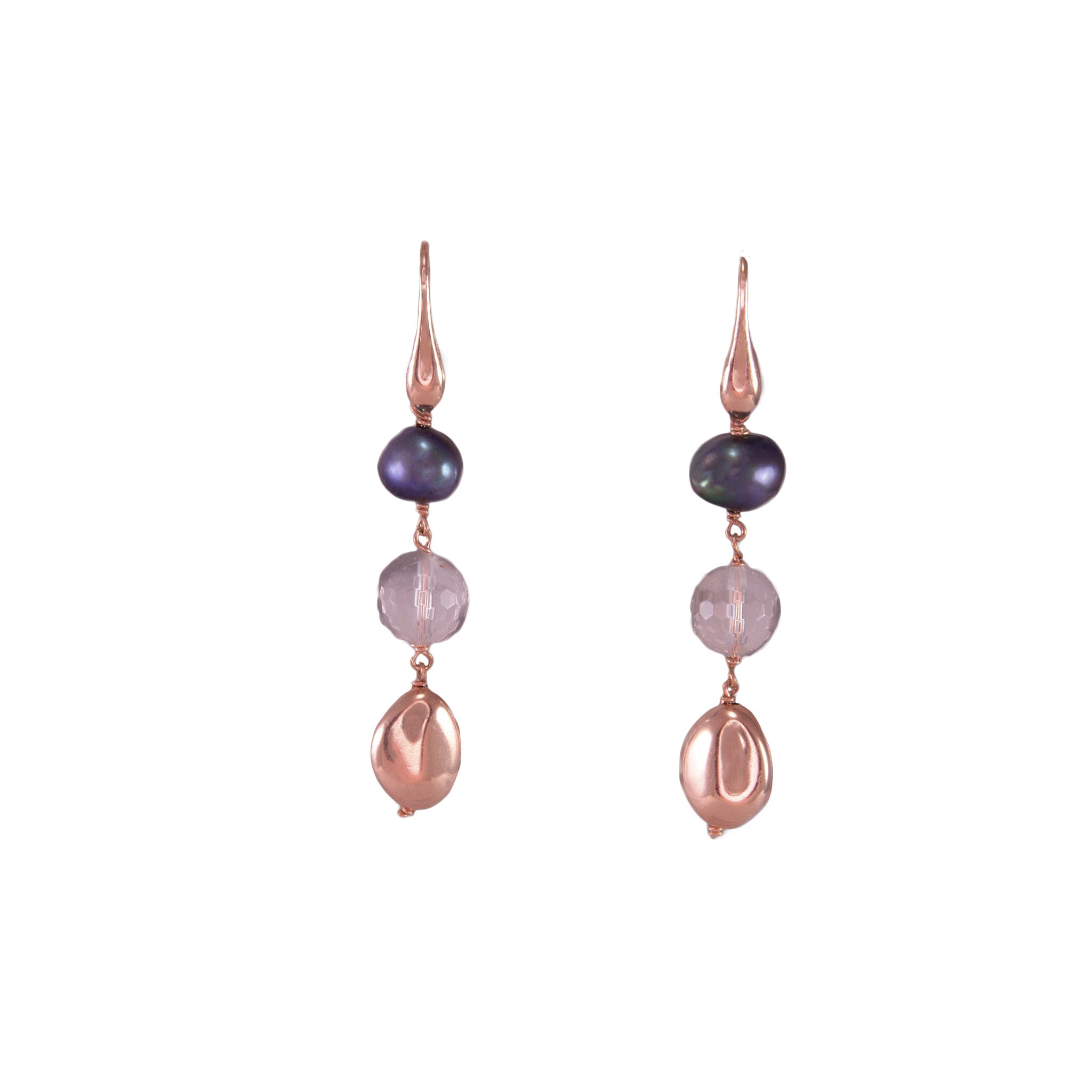 Peacock Pearl, Crystal Drop & Rose Gold Nugget Earrings