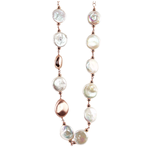 White Coin Pearl & Rose Gold Nugget Necklace - 48cm