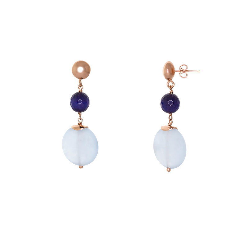 Blue Jade Coin and Dark Blue Drop Stud Earring