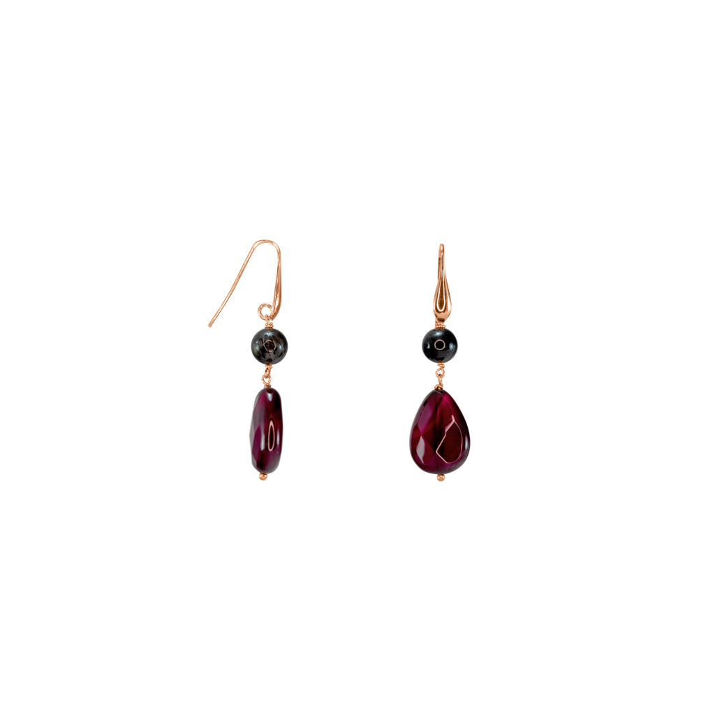 Ruby Agate with Black Ball Drop Earrings