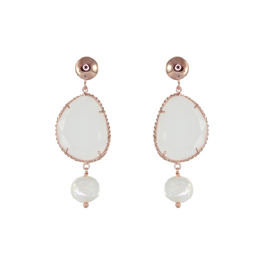 White Agate & Pearl Drop Stud Earrings