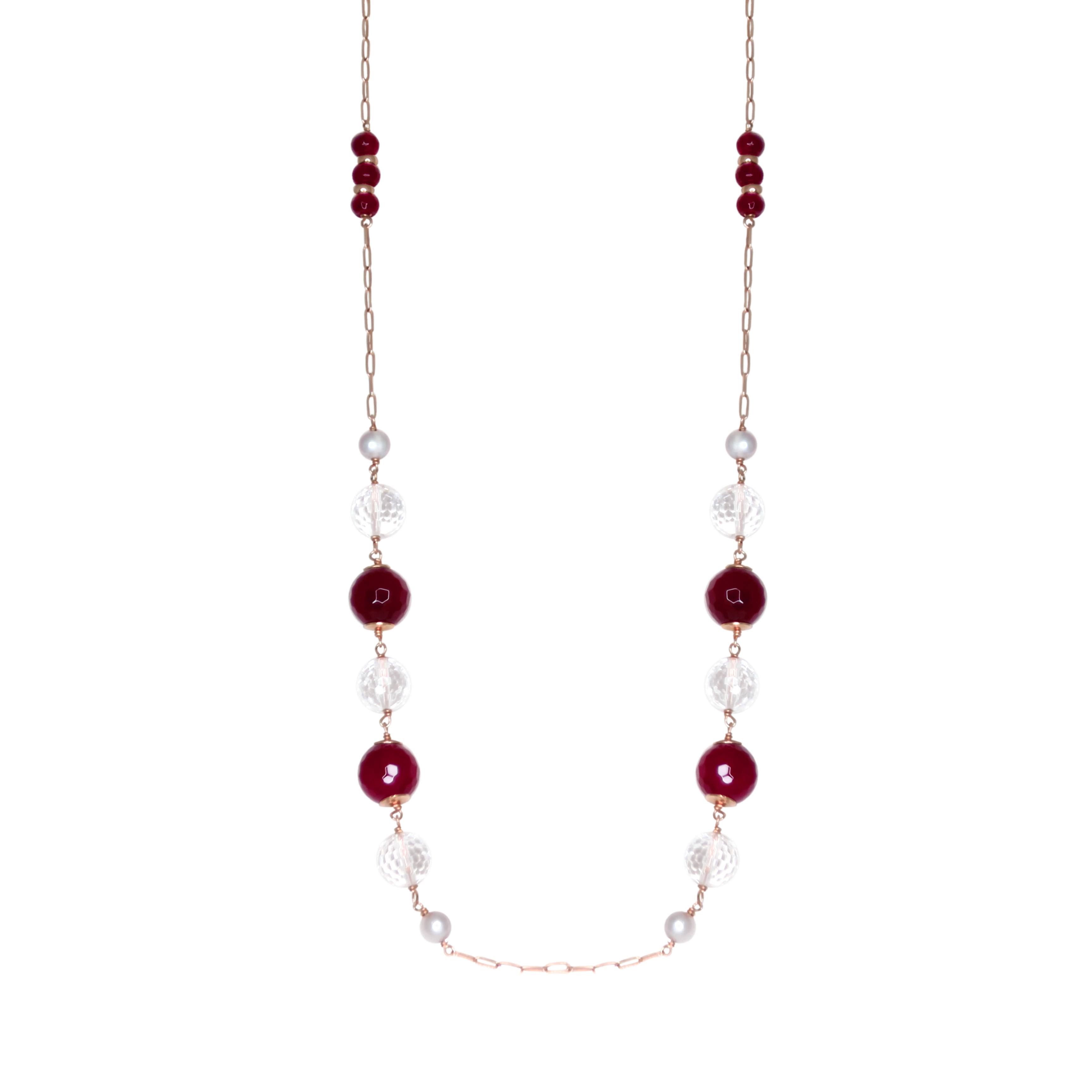 Red Agate, Silver Pearl and Clear Crystal Necklace - 120cm