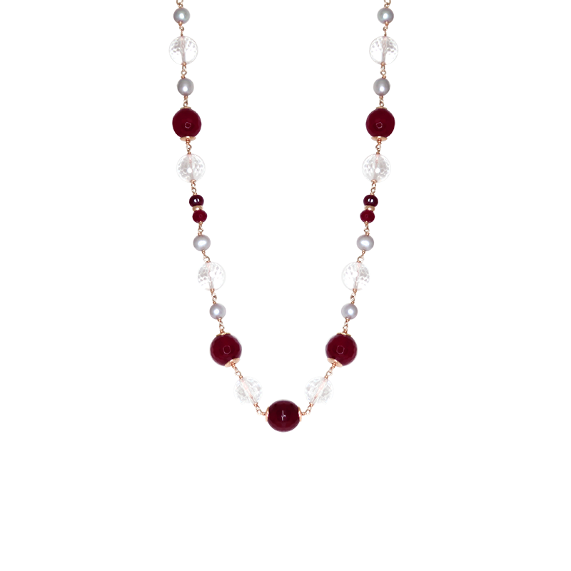 Red Agate, Clear Crystal & Silver Pearl Necklace