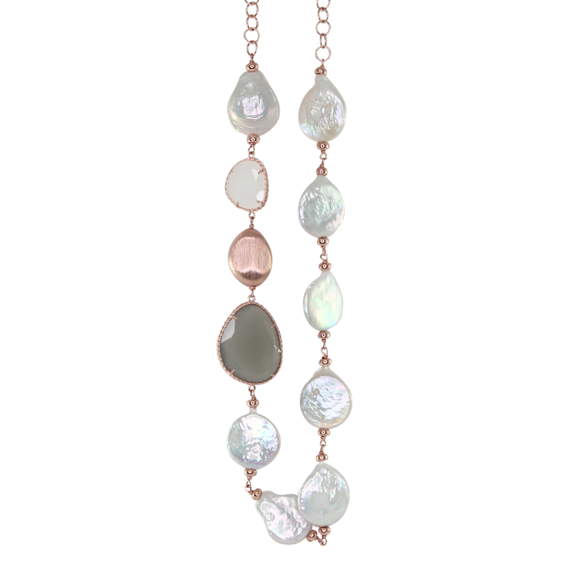 Coin Pearl & Milky Grey Agate Necklace