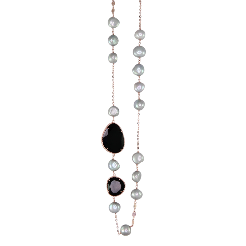 Silver Pearl & Black Agate Link Necklace