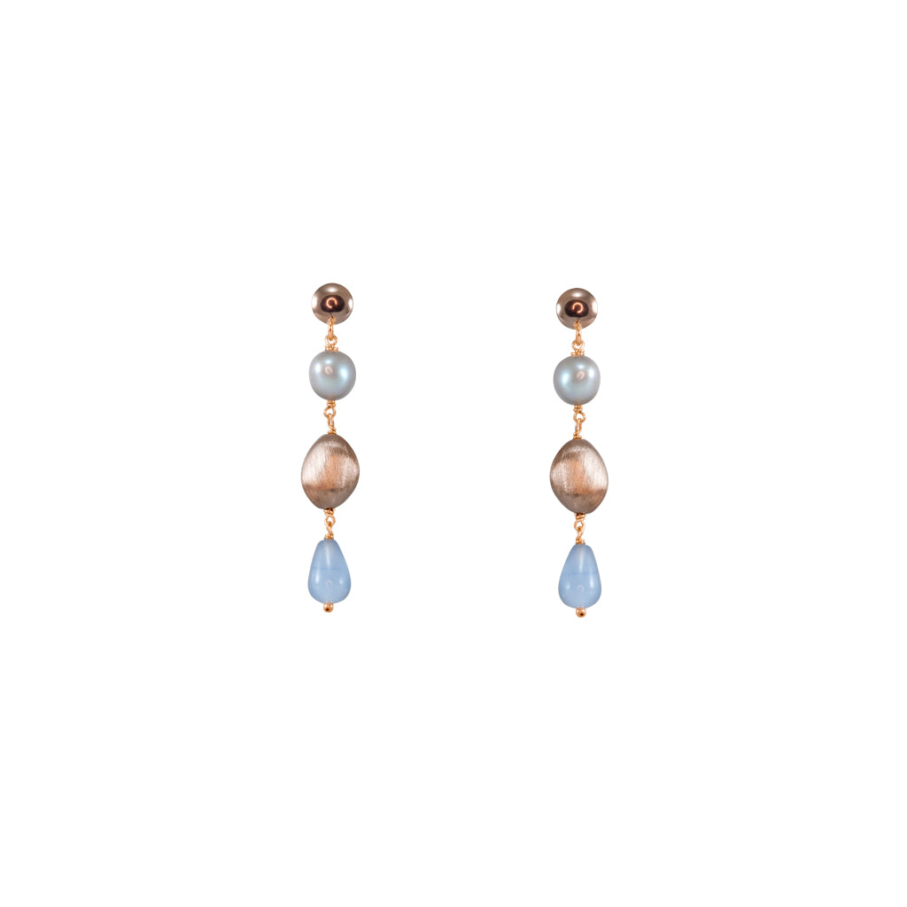 Blue Agate, Rose Gold & Silver Pearl Triple Drop Earrings