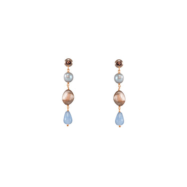 Blue Agate, Rose Gold & Silver Pearl Triple Drop Earrings