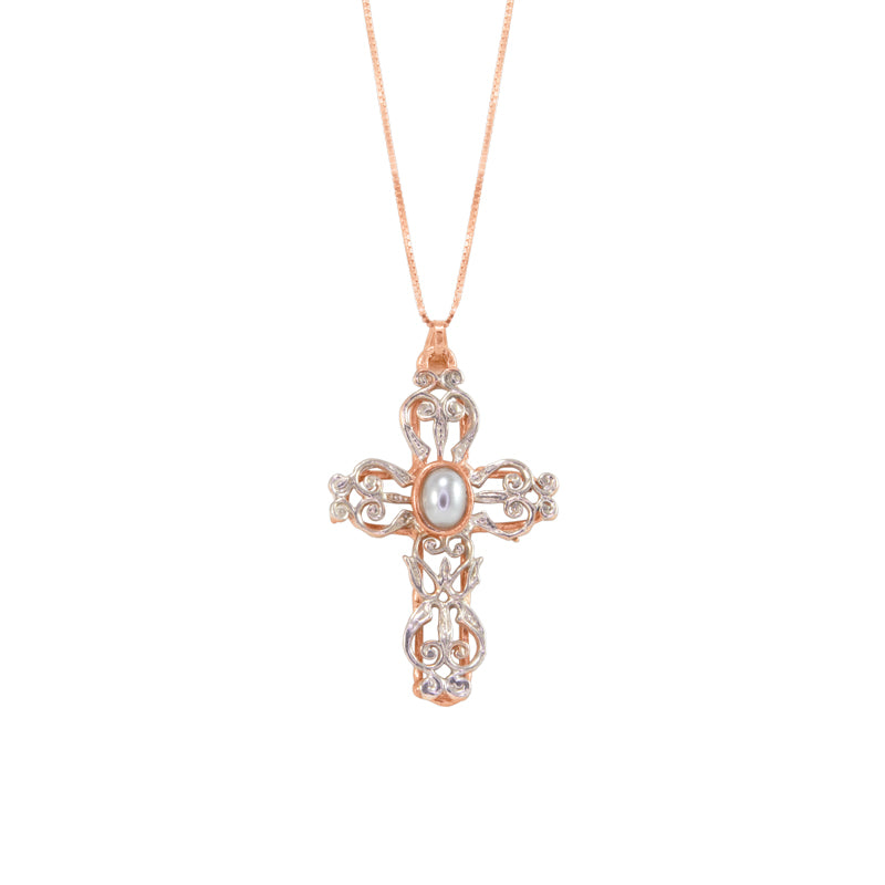 Ornate Rose Gold & Pearl Cross Pendant