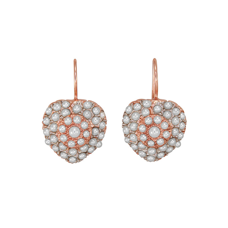 White Pearl & Rose Gold Heart Earrings