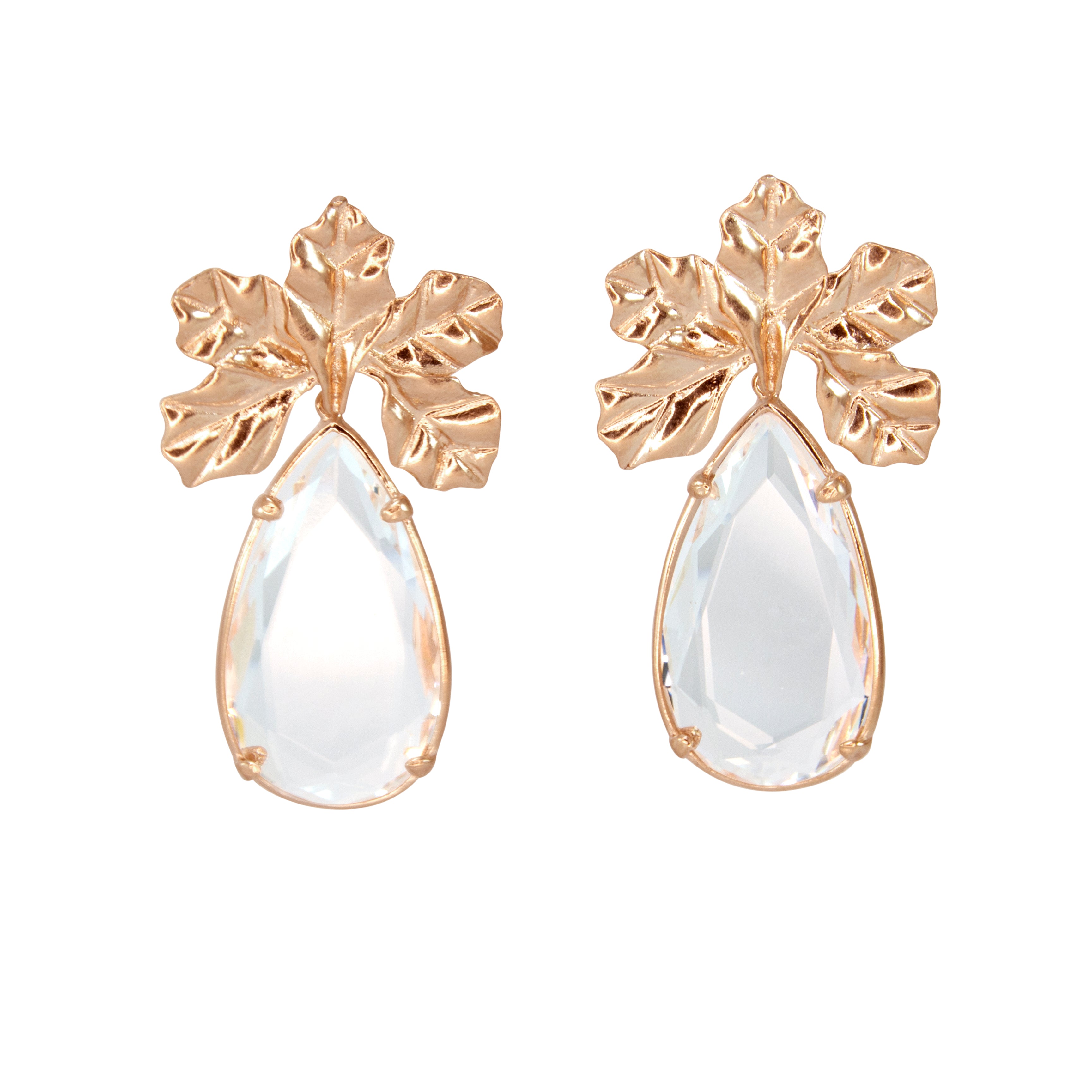 5 Leaf Rose Gold with Large Clear Teardrop