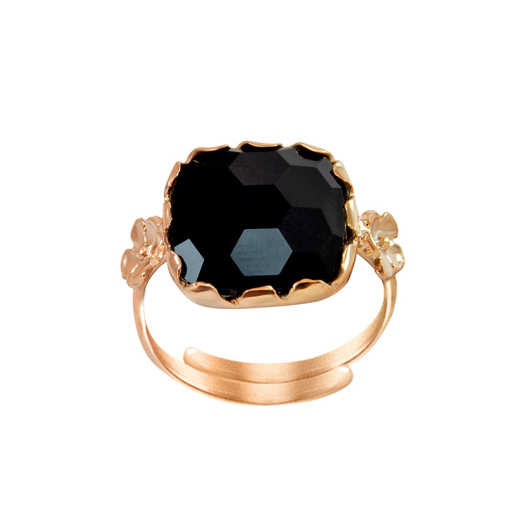 Black Square Gemstone Flower Ring