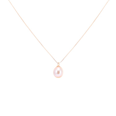 A pink pearl pendant with rose gold setting, attached to a box link chain necklace.