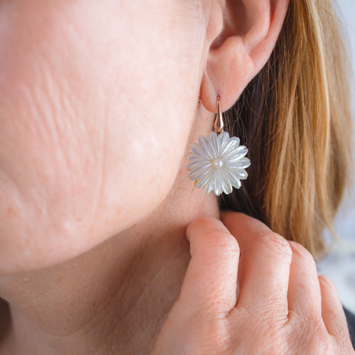 White Mother-of-Pearl Flower Hook Earrings